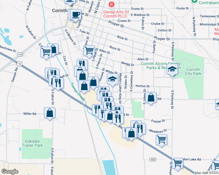 map of restaurants, bars, coffee shops, grocery stores, and more near 700 Crater Street in Corinth