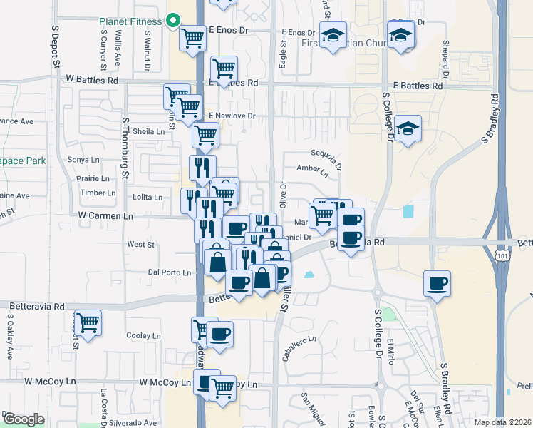 map of restaurants, bars, coffee shops, grocery stores, and more near 1967 South Miller Street in Santa Maria