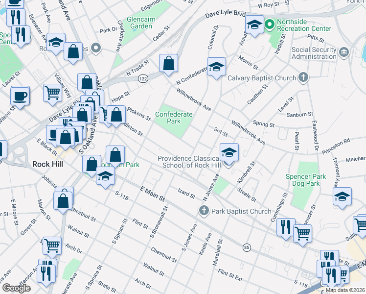 map of restaurants, bars, coffee shops, grocery stores, and more near 535 Pendleton Street in Rock Hill