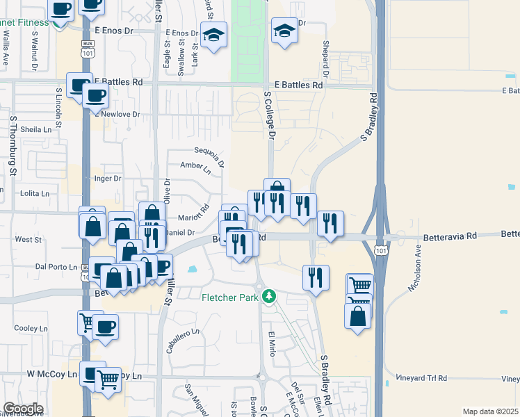map of restaurants, bars, coffee shops, grocery stores, and more near South College Drive in Santa Maria
