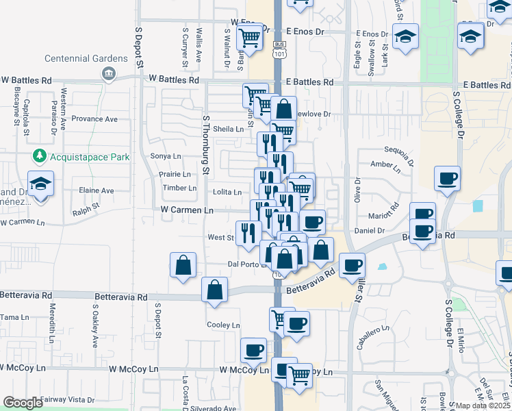 map of restaurants, bars, coffee shops, grocery stores, and more near 135 Carmen Lane in Santa Maria