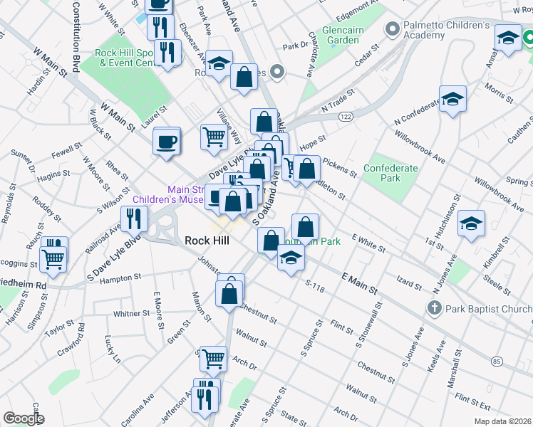 map of restaurants, bars, coffee shops, grocery stores, and more near 325 South Oakland Avenue in Rock Hill