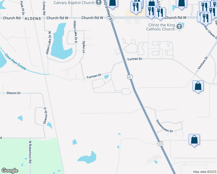 map of restaurants, bars, coffee shops, grocery stores, and more near 4375 Highway 51 North in Horn Lake