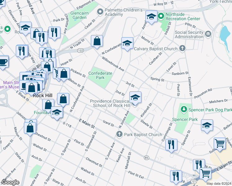 map of restaurants, bars, coffee shops, grocery stores, and more near 332 Annafrel Street in Rock Hill