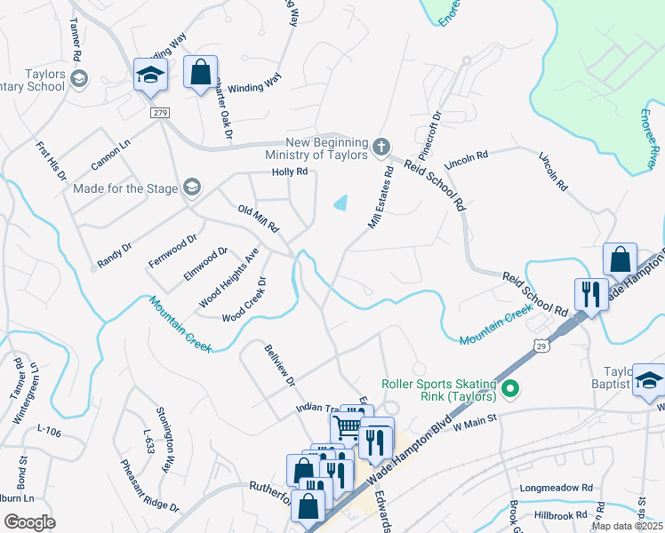 map of restaurants, bars, coffee shops, grocery stores, and more near 4 Old Mill Court in Taylors