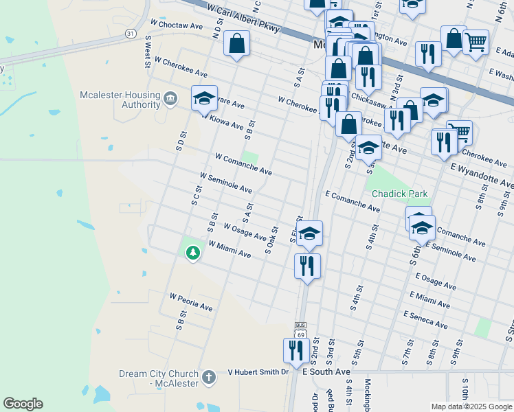 map of restaurants, bars, coffee shops, grocery stores, and more near 62 West Ottawa Avenue in McAlester