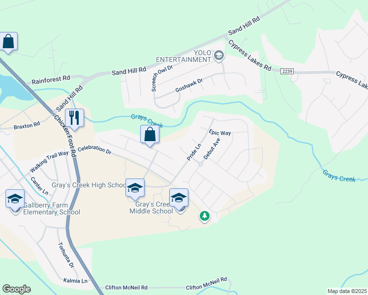 map of restaurants, bars, coffee shops, grocery stores, and more near 1409 Blue Ribbon Lane in Hope Mills