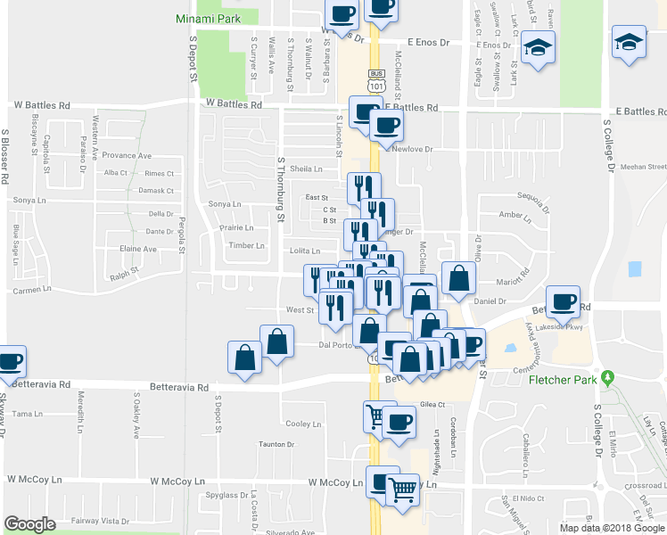 map of restaurants, bars, coffee shops, grocery stores, and more near 201 Carmen Lane in Santa Maria