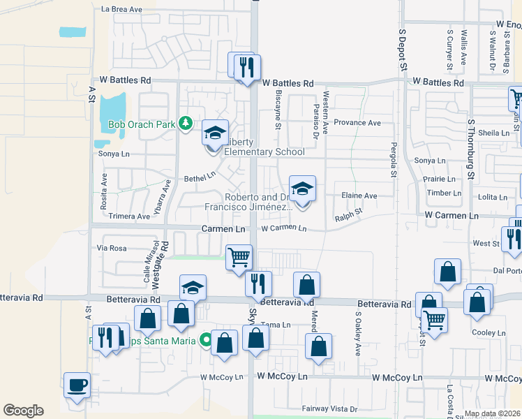 map of restaurants, bars, coffee shops, grocery stores, and more near 1148 Fox Field Lane in Santa Maria