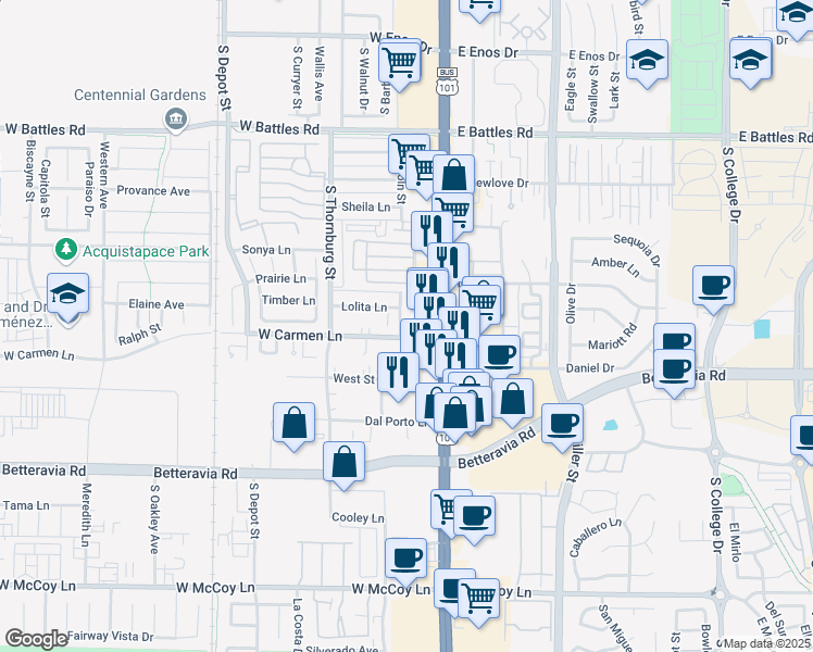 map of restaurants, bars, coffee shops, grocery stores, and more near 124 West Carmen Lane in Santa Maria