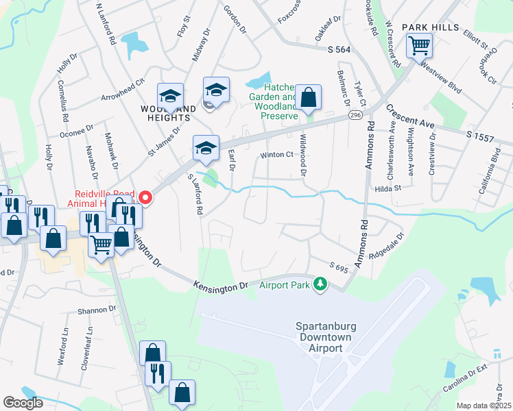 map of restaurants, bars, coffee shops, grocery stores, and more near 8 South Pine Lake Drive in Spartanburg