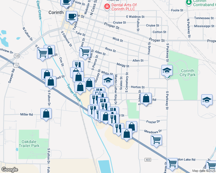 map of restaurants, bars, coffee shops, grocery stores, and more near 700 Crater Street in Corinth