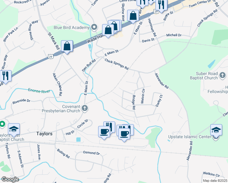 map of restaurants, bars, coffee shops, grocery stores, and more near 112 Center Street in Taylors