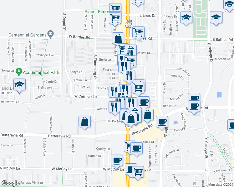 map of restaurants, bars, coffee shops, grocery stores, and more near 135 Carmen Lane in Santa Maria