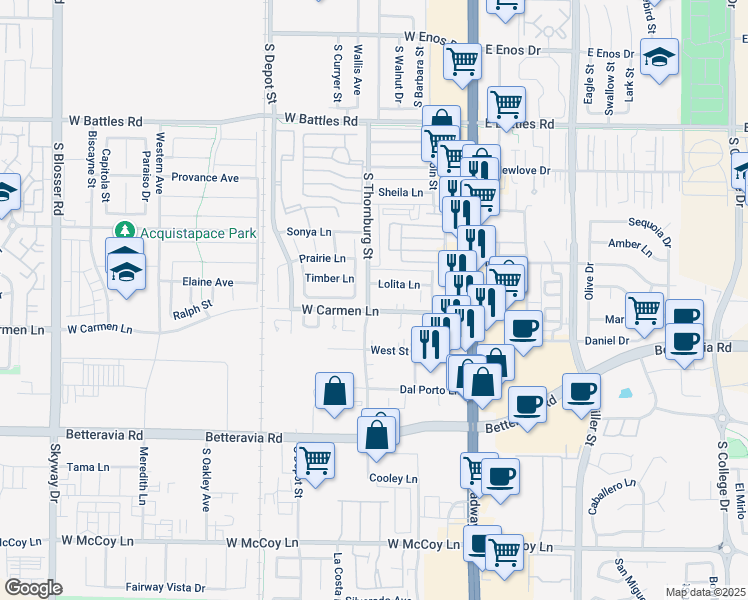 map of restaurants, bars, coffee shops, grocery stores, and more near 329 Carmen Lane in Santa Maria