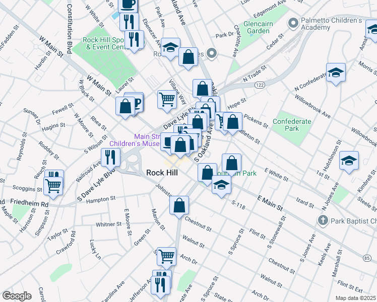 map of restaurants, bars, coffee shops, grocery stores, and more near 129 Caldwell Street in Rock Hill