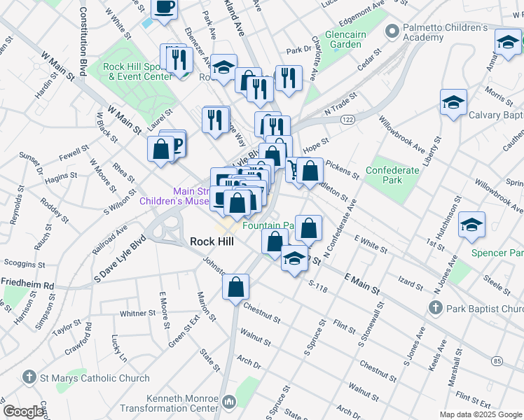 map of restaurants, bars, coffee shops, grocery stores, and more near 215 East Main Street in Rock Hill