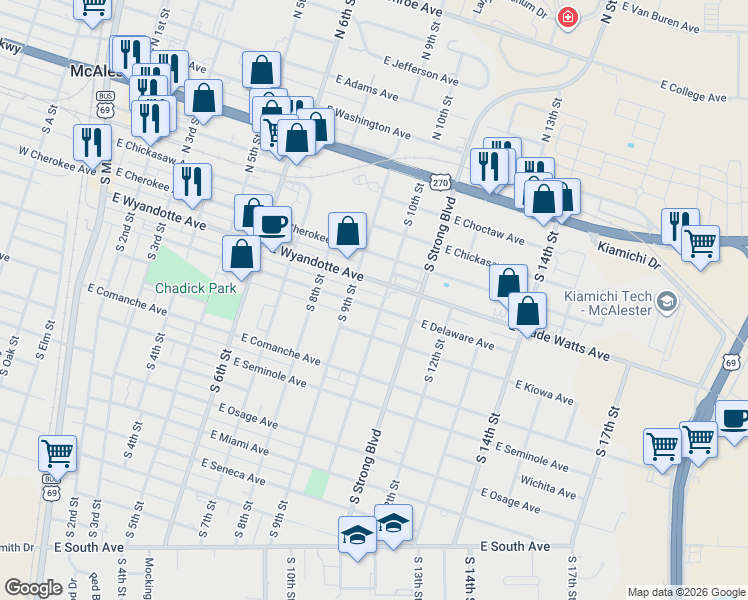 map of restaurants, bars, coffee shops, grocery stores, and more near 919 East Delaware Avenue in McAlester