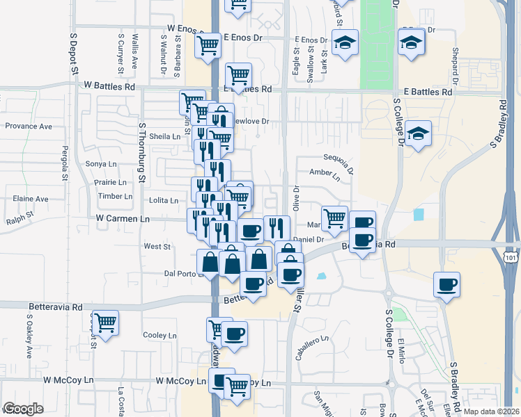 map of restaurants, bars, coffee shops, grocery stores, and more near 1920 McClelland Street in Santa Maria