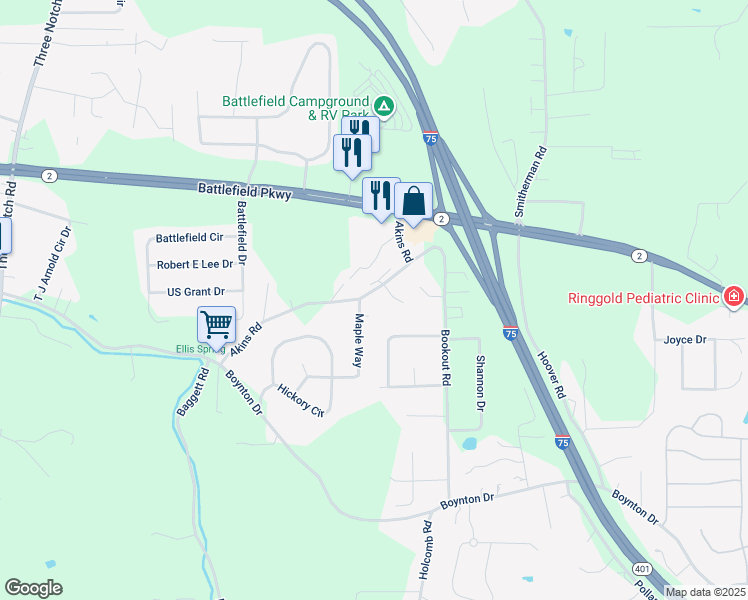 map of restaurants, bars, coffee shops, grocery stores, and more near 440 Akins Road in Ringgold