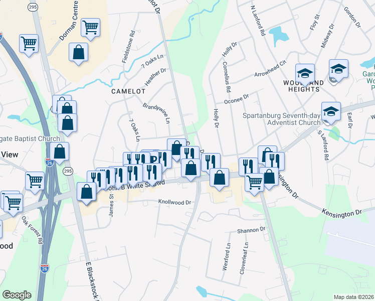 map of restaurants, bars, coffee shops, grocery stores, and more near 119 Delray Drive in Spartanburg