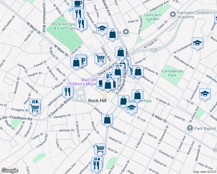 map of restaurants, bars, coffee shops, grocery stores, and more near 121 East Main Street in Rock Hill