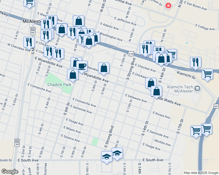 map of restaurants, bars, coffee shops, grocery stores, and more near 915 East Delaware Avenue in McAlester