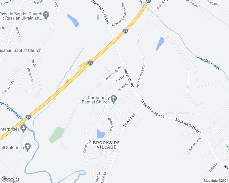 map of restaurants, bars, coffee shops, grocery stores, and more near 109 Stone Drive in Wellford