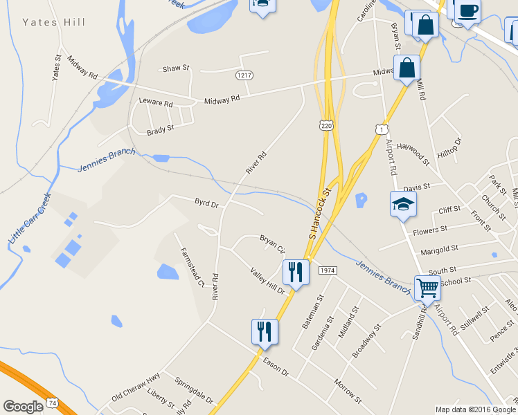 map of restaurants, bars, coffee shops, grocery stores, and more near 116 Westwood Drive in Rockingham