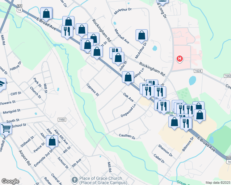 map of restaurants, bars, coffee shops, grocery stores, and more near 801 Walnut Lane in Rockingham