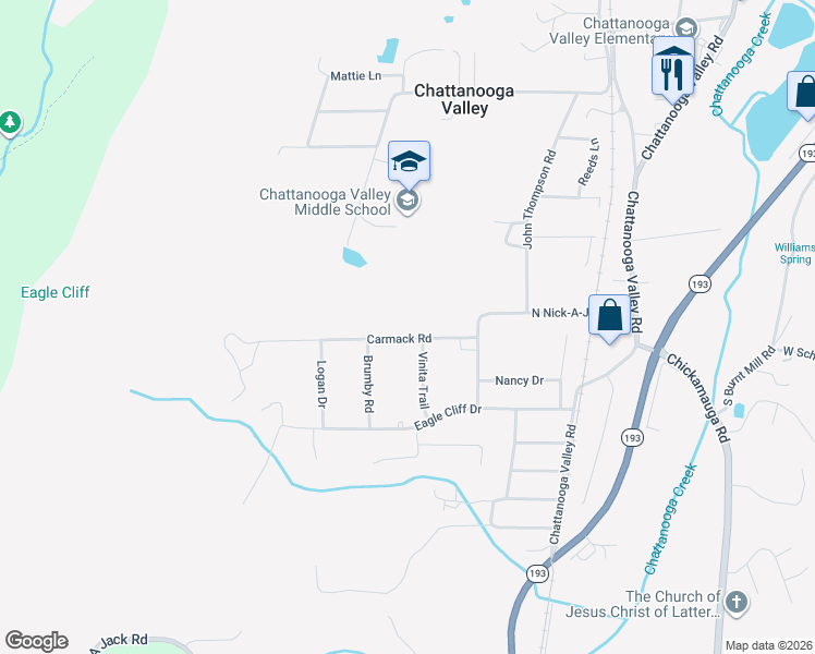 map of restaurants, bars, coffee shops, grocery stores, and more near 152 Carmack Road in Chattanooga Valley