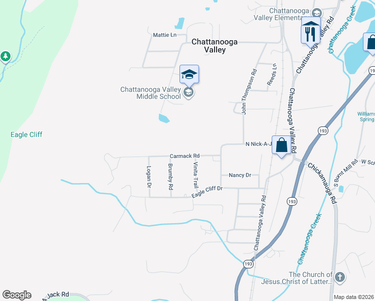 map of restaurants, bars, coffee shops, grocery stores, and more near 152 Carmack Road in Chattanooga Valley