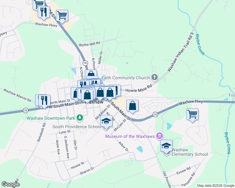 map of restaurants, bars, coffee shops, grocery stores, and more near 307 Howie Mine Road in Waxhaw