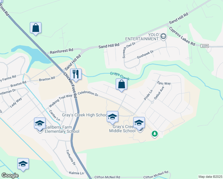 map of restaurants, bars, coffee shops, grocery stores, and more near 1206 Hunters Trail in Hope Mills