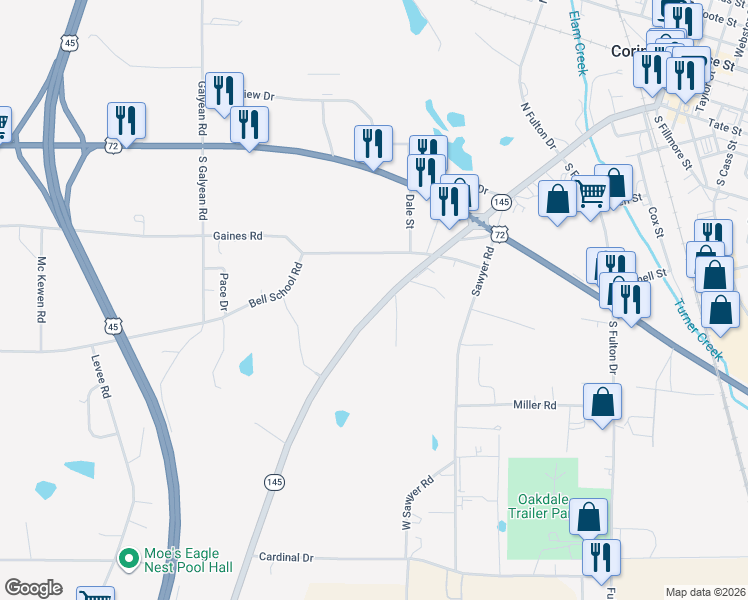 map of restaurants, bars, coffee shops, grocery stores, and more near in Corinth