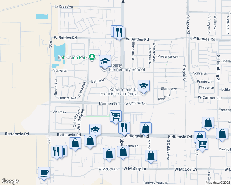 map of restaurants, bars, coffee shops, grocery stores, and more near 1240 Bethel Lane in Santa Maria