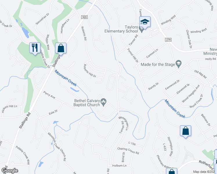 map of restaurants, bars, coffee shops, grocery stores, and more near 31 Madeline Circle in Taylors