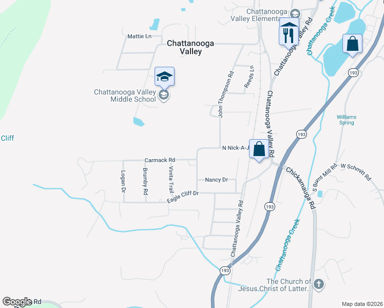 map of restaurants, bars, coffee shops, grocery stores, and more near 52 Carmack Road in Chattanooga Valley