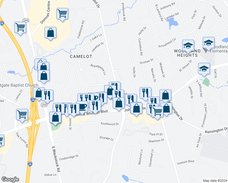 map of restaurants, bars, coffee shops, grocery stores, and more near 101 Lerner Court in Spartanburg