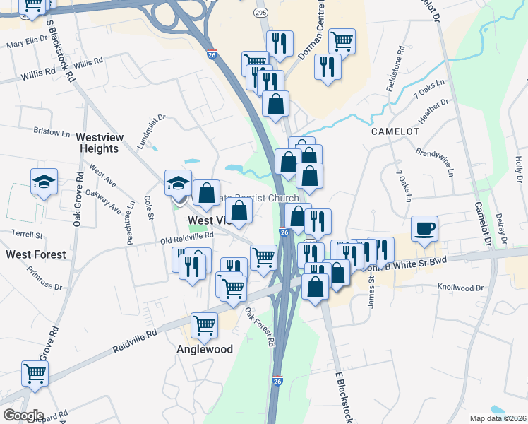 map of restaurants, bars, coffee shops, grocery stores, and more near 425 Leona Court in Spartanburg