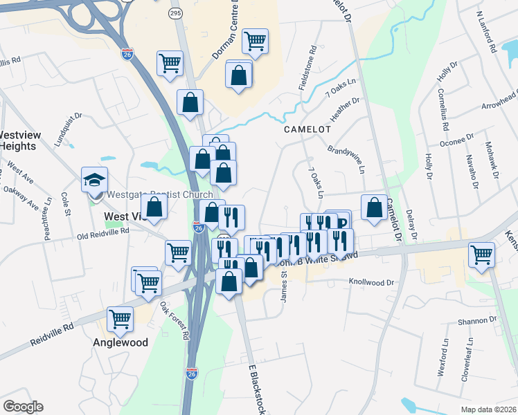 map of restaurants, bars, coffee shops, grocery stores, and more near 109 Driftway Place in Spartanburg