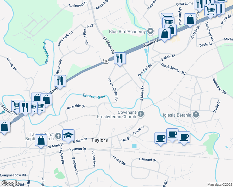 map of restaurants, bars, coffee shops, grocery stores, and more near 528 Aiken Chapel Road in Taylors