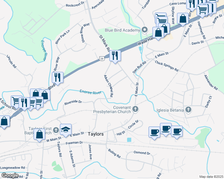 map of restaurants, bars, coffee shops, grocery stores, and more near 526 Aiken Chapel Road in Taylors