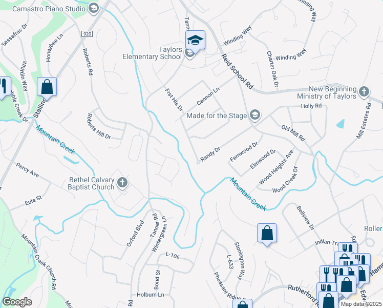 map of restaurants, bars, coffee shops, grocery stores, and more near 39 Randy Drive in Taylors