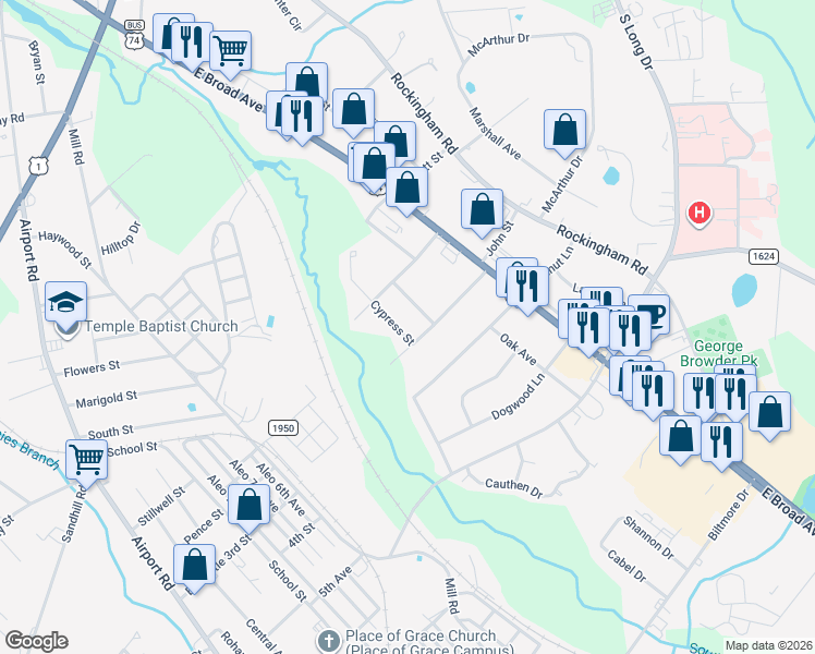 map of restaurants, bars, coffee shops, grocery stores, and more near 942 Thomas Street in Rockingham