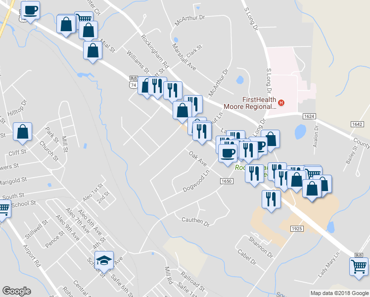 map of restaurants, bars, coffee shops, grocery stores, and more near Walnut Lane in Rockingham