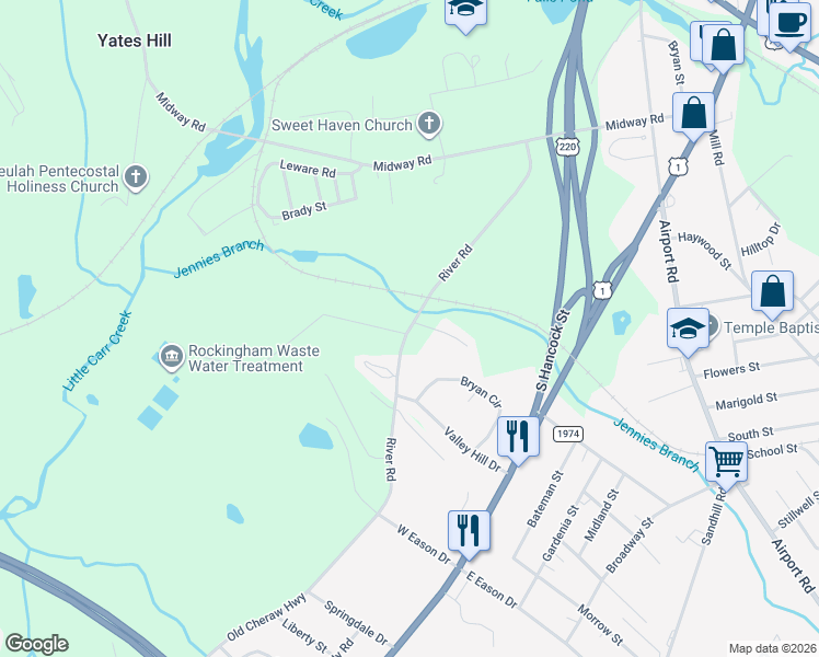 map of restaurants, bars, coffee shops, grocery stores, and more near 245 River Road in Rockingham