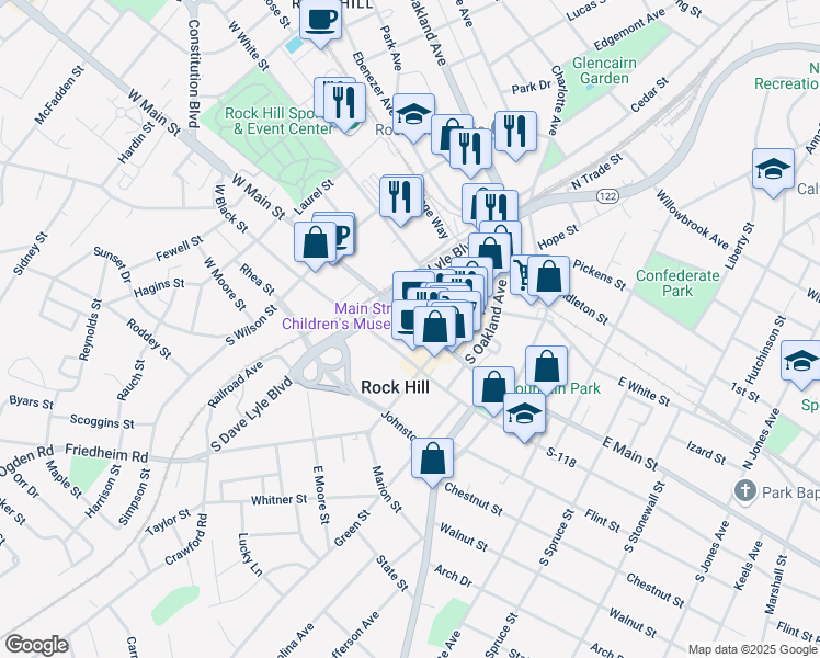 map of restaurants, bars, coffee shops, grocery stores, and more near 121 East Main Street in Rock Hill