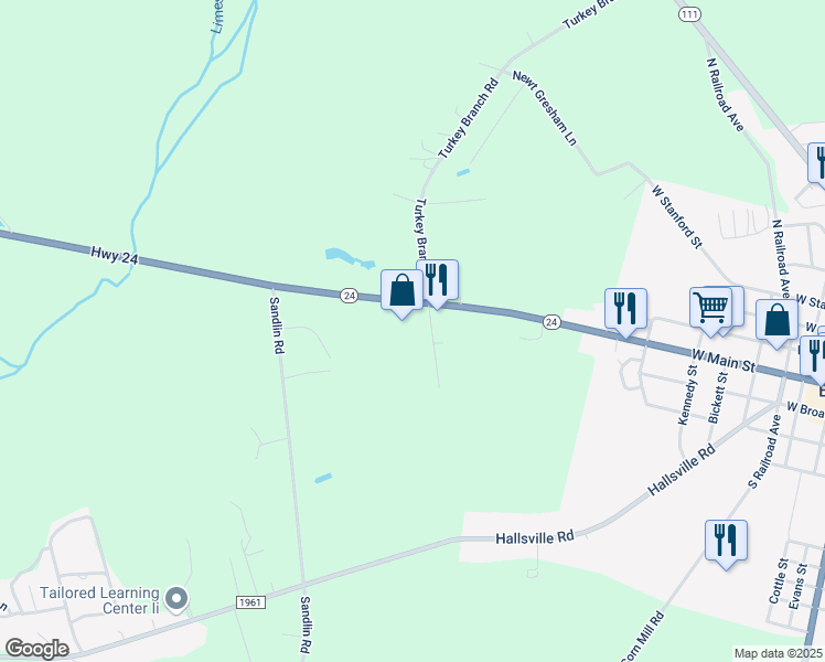 map of restaurants, bars, coffee shops, grocery stores, and more near 116 East Park Drive in Beulaville