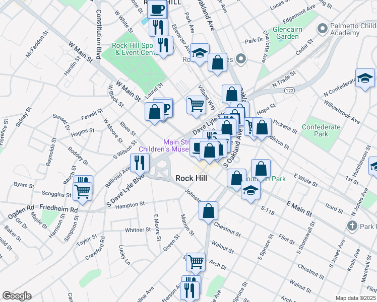 map of restaurants, bars, coffee shops, grocery stores, and more near 121 East Black Street in Rock Hill